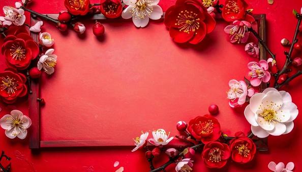 年賀状背景 赤い和紙 梅の花 和風 年賀状背景 赤い和紙 梅の花 和風の写真