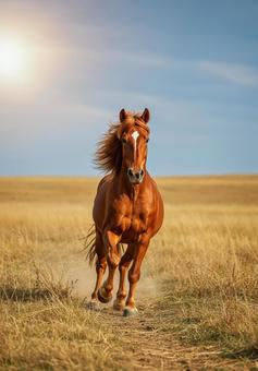 夕日の中を疾走する茶色い馬の縦写真 夕日の中を疾走する茶色い馬の縦写真の写真