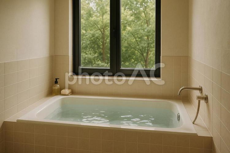 窓辺のバスタブと緑 バスタブ,バスルーム,窓の写真素材