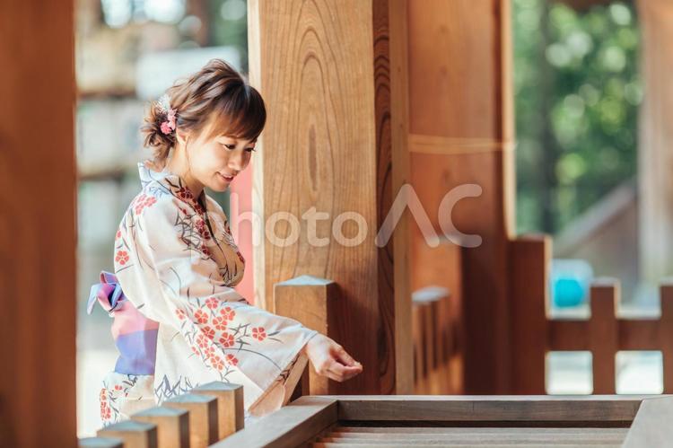 お参りする浴衣姿の女性 お賽銭,お参り,神社の写真素材