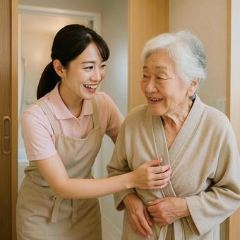 介護をする女性スタッフ 介護をする女性スタッフの写真