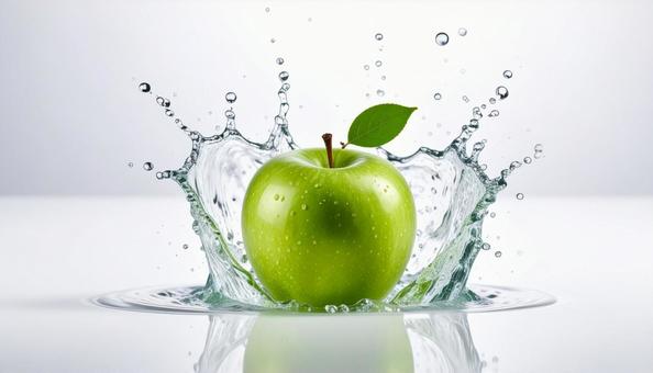 青リンゴに弾ける水滴の写真