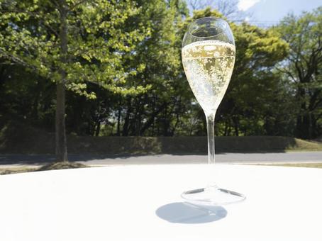 休日に新緑の中で飲む泡の写真