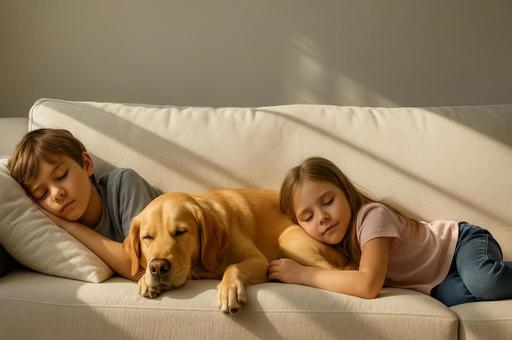 子供たちと犬がソファーで昼寝 子供たちと犬がソファーで昼寝の写真
