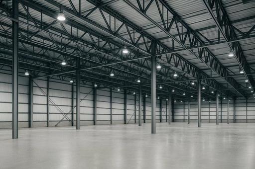 鉄骨倉庫の広い室内風景・工場・物流・施設の写真