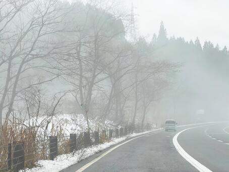 霧の中を走る 霧,道路,冬の写真素材