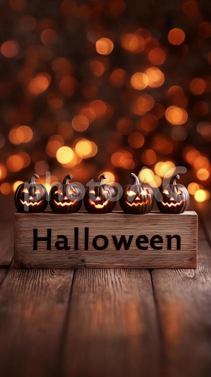 木製台座に並ぶハロウィンかぼちゃと光演出 木製,台座,ジャックオランタンの写真素材