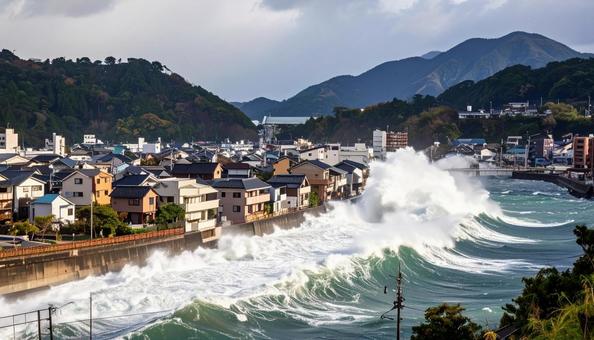 津波が押し寄せる住宅街 津波が押し寄せる住宅街の写真