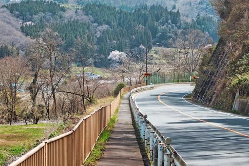 緩やかな下りカーブの坂道にある歩道と車道 歩道,車道,下り坂の写真素材