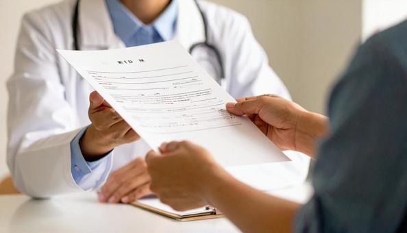 手術前に患者に手術同意書を渡す医師 手術前に患者に手術同意書を渡す医師の写真