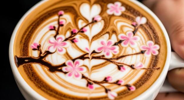 バリスタが描く桜模様のラテアート  バリスタが描く桜模様のラテアート の写真