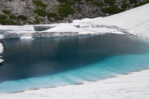 翠ヶ池のコバルトブルーと残雪の白 白山,翠ヶ池,コバルトブルーの写真素材