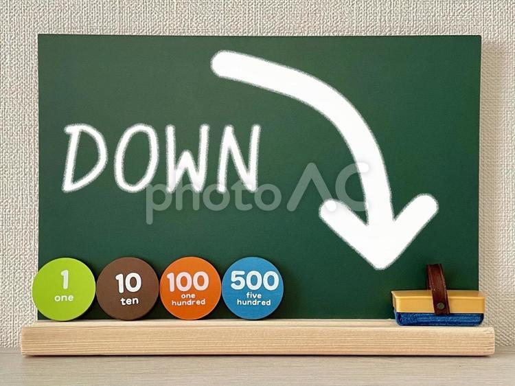 お金や物価が下がるイメージ(黒板) お金,円,downの写真素材