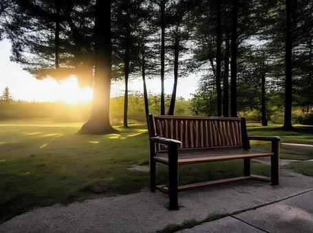 夕日を背にしたベンチの写真