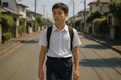 夏の日の帰り道を歩く中学生 夏の日の帰り道を歩く中学生の写真