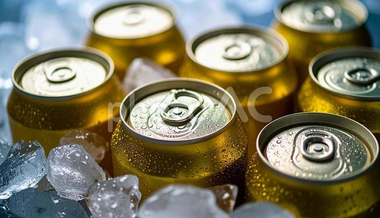 氷水でキンキンに冷やされた缶ビール 缶ビール,氷水,清涼感の写真素材