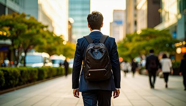 街中を通勤で歩いていくリュック姿の男性 街中を通勤で歩いていくリュック姿の男性の写真