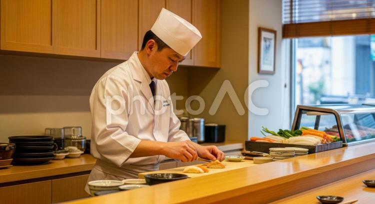 高級寿司店の店内と職人の調理風景 寿司職人,和食,料理人の写真素材