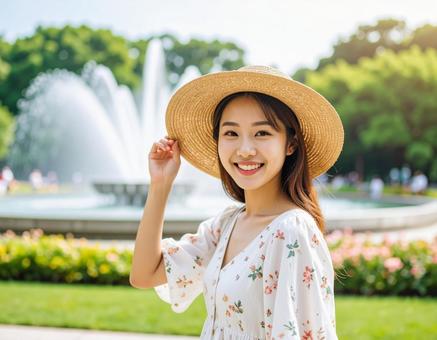 麦わら帽子の彼女と、都市公園の噴水 麦わら帽子の彼女と、都市公園の噴水の写真