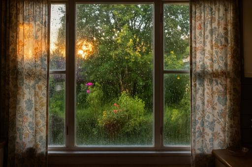 雨上がりの夕暮れに映える花と緑の庭の写真