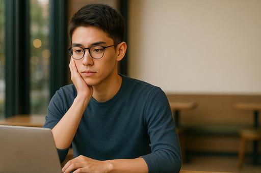 パソコンを見つめる知的な男性 パソコンを見つめる知的な男性の写真