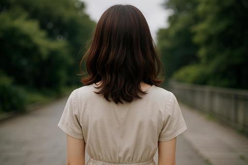 緑道に立つ女性の後ろ姿 緑道に立つ女性の後ろ姿の写真