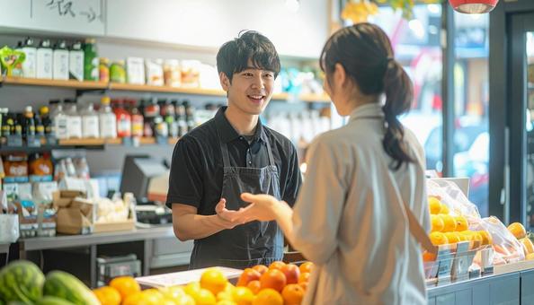 熱心に商品を説明する店員 熱心に商品を説明する店員の写真