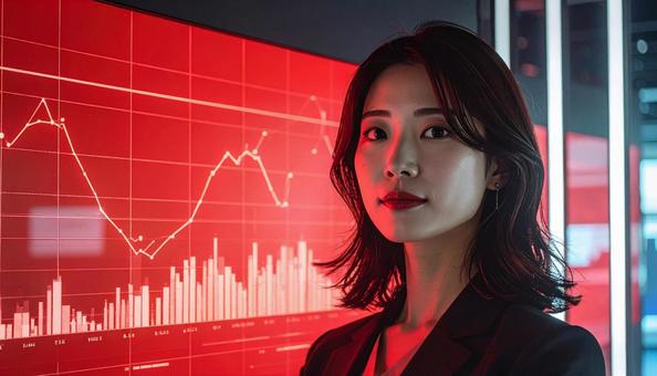 ディルプレイのチャートの前に立つ女性社員 ディルプレイのチャートの前に立つ女性社員の写真