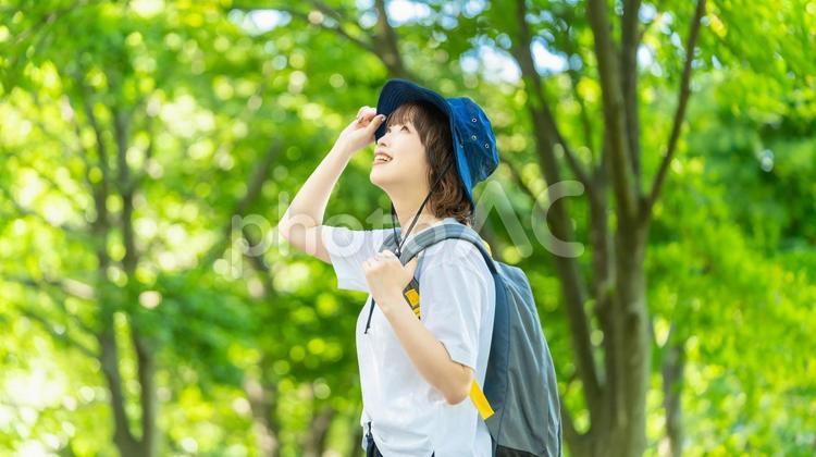 トレッキングをする若い女性 女性,夏,人物の写真素材