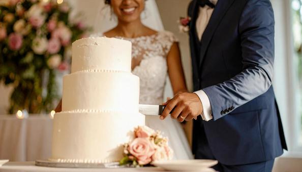 ケーキ入刀する新郎新婦 ケーキ入刀する新郎新婦の写真