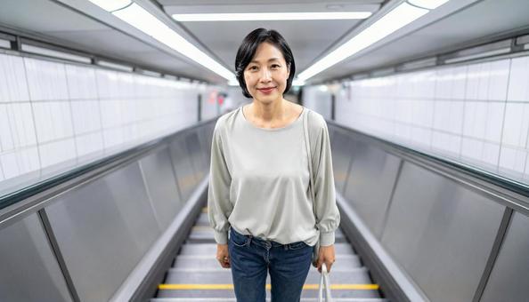 地下鉄の階段を上る日本人女性 地下鉄の階段を上る日本人女性の写真