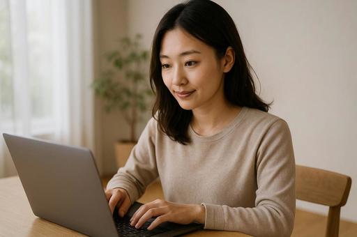 ノートパソコンで作業する女性 ノートパソコンで作業する女性の写真