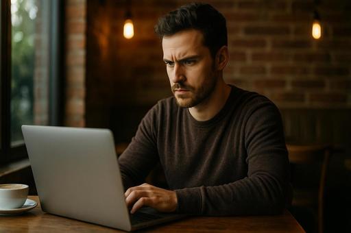 カフェで集中する男性のパソコンの写真