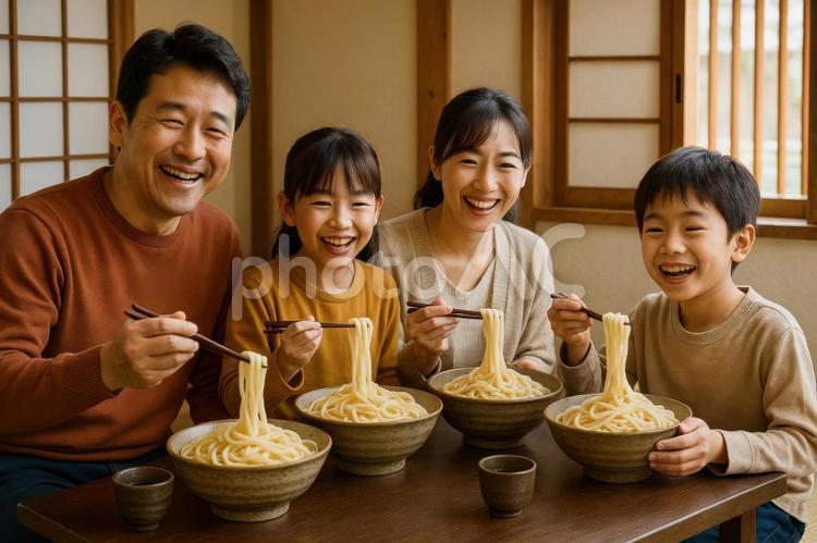 大盛りうどんを食べる日本人ファミリー ファミリー,家族,うどんの写真素材