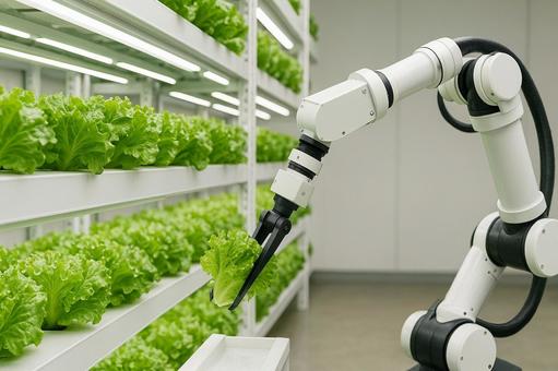 植物工場での自動収穫作業 植物工場での自動収穫作業の写真