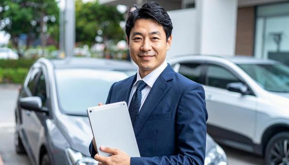 車の前に立つディーラーの日本人男性 車の前に立つディーラーの日本人男性の写真