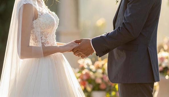  挙式で手を取り合う新郎新婦の写真