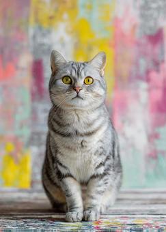 ペイントアートの背景と座る猫の写真