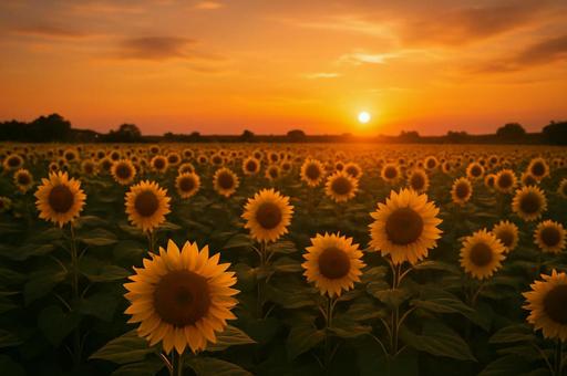 【自然】ひまわりと夕焼け 【自然】ひまわりと夕焼けの写真