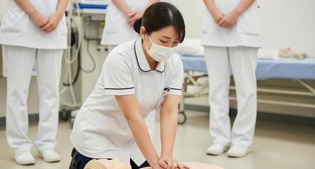 救命講習会で心肺蘇生法を教える看護師 救命講習会で心肺蘇生法を教える看護師の写真