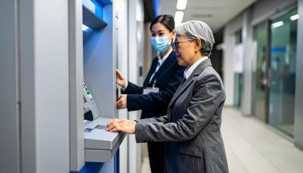 ATMでお金を引き出す老女と心配顔銀行員 ATMでお金を引き出す老女と心配顔銀行員の写真