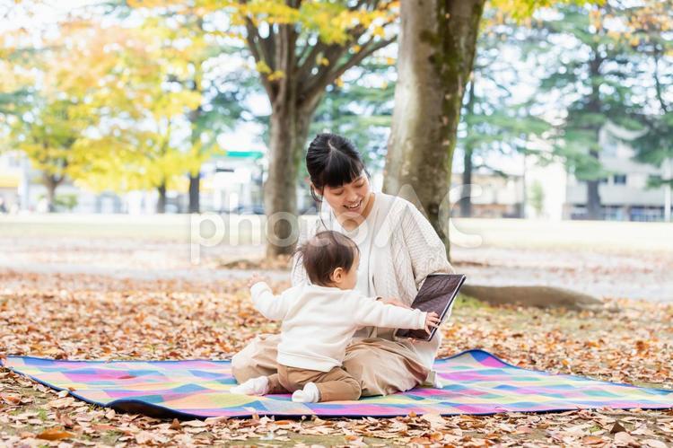 秋の公園でママとタブレットPCで遊ぶ赤ちゃん ピクニック,動画,タブレットの写真素材