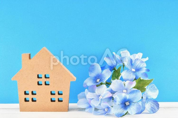 紫陽花と家で梅雨のイメージ 紫陽花,梅雨,家の写真素材
