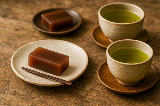 Enjoying Yokan and Green Tea, kettle, japanese confectionery, green tea , JPG
