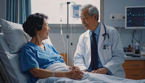 入院患者を回診する日本人男性医師の写真