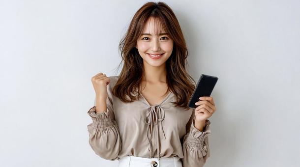 スマホを手に笑顔でガッツポーズする女性 スマホを手に笑顔でガッツポーズする女性の写真