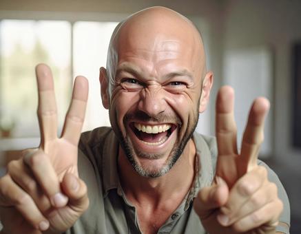 笑顔でダブルピースをする男性の写真