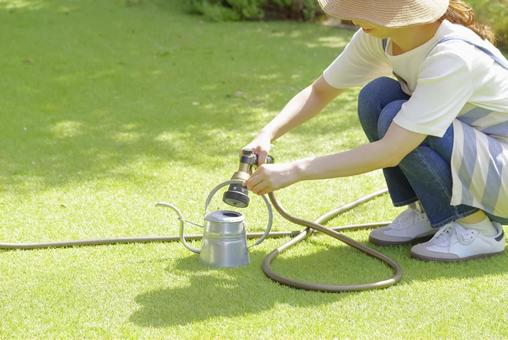 ジョウロでプランターに水やりをする女性 ガーデニング,園芸,水やりの写真素材