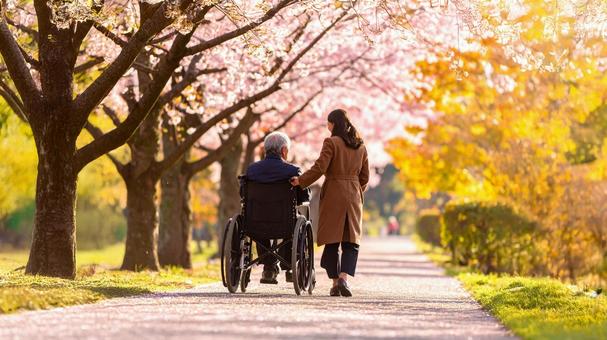 車椅子を押す女性の写真