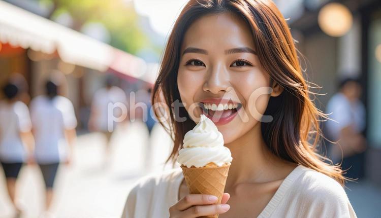 ソフトクリームを食べる女性のポートレート ソフトクリーム,アイスクリーム,若いの写真素材